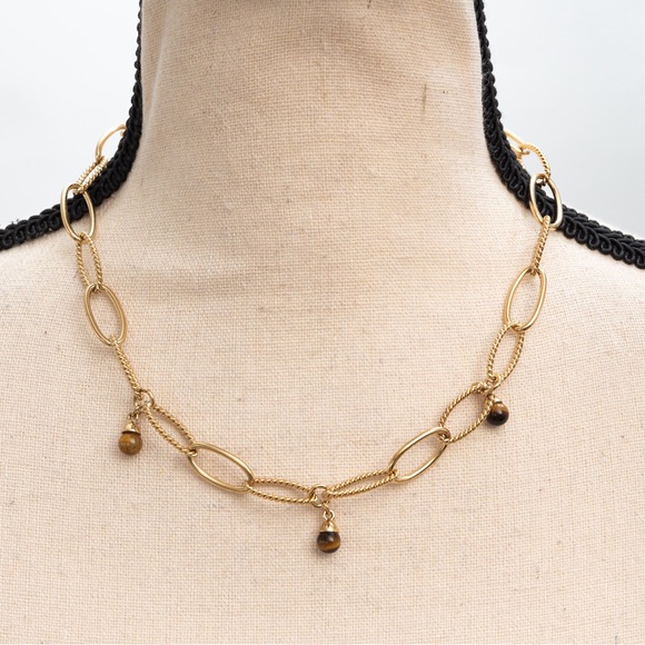 Gold tone large link oval link necklace with delicate brown beads gold tone 18” - Picture 11 of 13